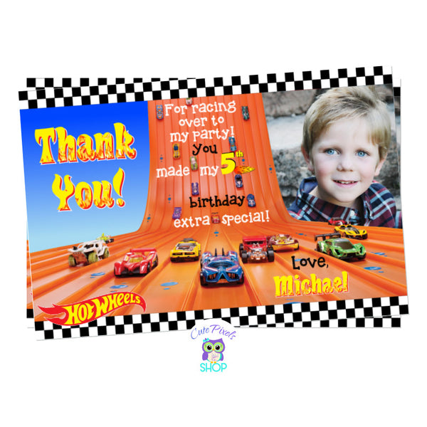 Hot Wheels Thank you Card with a Hot Wheels track in the middle and lots of Hot Wheels cars. Perfect for a racing party. Includes child's photo