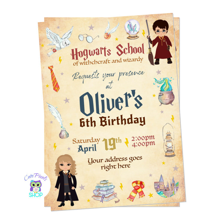 Harry Potter Birthday invitation with harry Potter, Hermione and lots of Harry Potter graphics perfect for a cute Harry Potter fan. Parchment paper Design