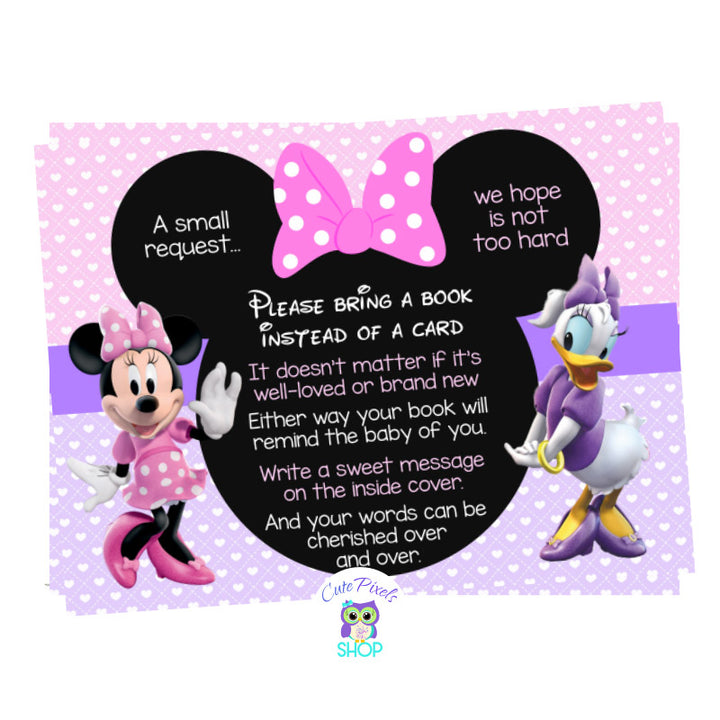 Minnie Mouse and Daisy Duck Baby Shower book insert to ask guest for books instead of a card. With a pink and purple background full of hearts and Minnie and Daisy. 