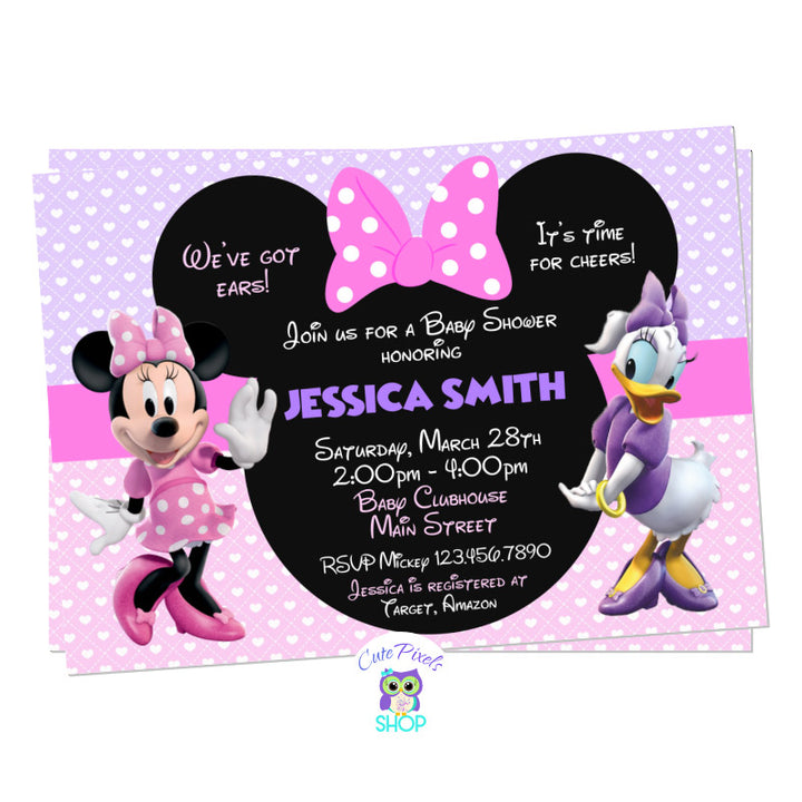 Minnie Mouse and Daisy Duck Baby Shower invitation to welcome a baby girl. With a pink and purple background full of hearts and Minnie and Daisy. 