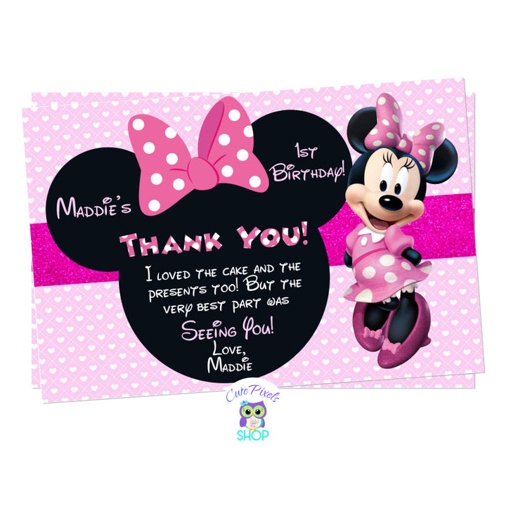 Minnie Mouse Thank you card with pink and hearts background and Minnie Head with pink Bow. Perfect for a Minnie Birthday Party