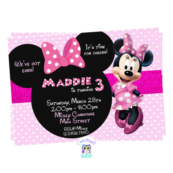 Minnie Mouse Invitation in a pink and hearts background with Minnie Mouse. Perfect for a Minnie Mouse Birthday