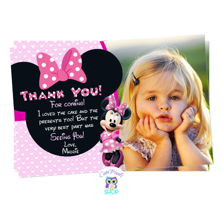 Minnie Mouse Thank you card with pink and hearts background and Minnie Head with pink Bow. Includes child's photo