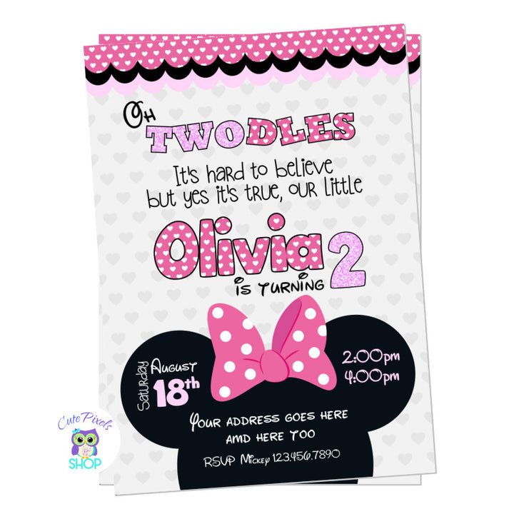 Minnie Invitation in grey background with Minnie pink head bow perfect for a second birthday