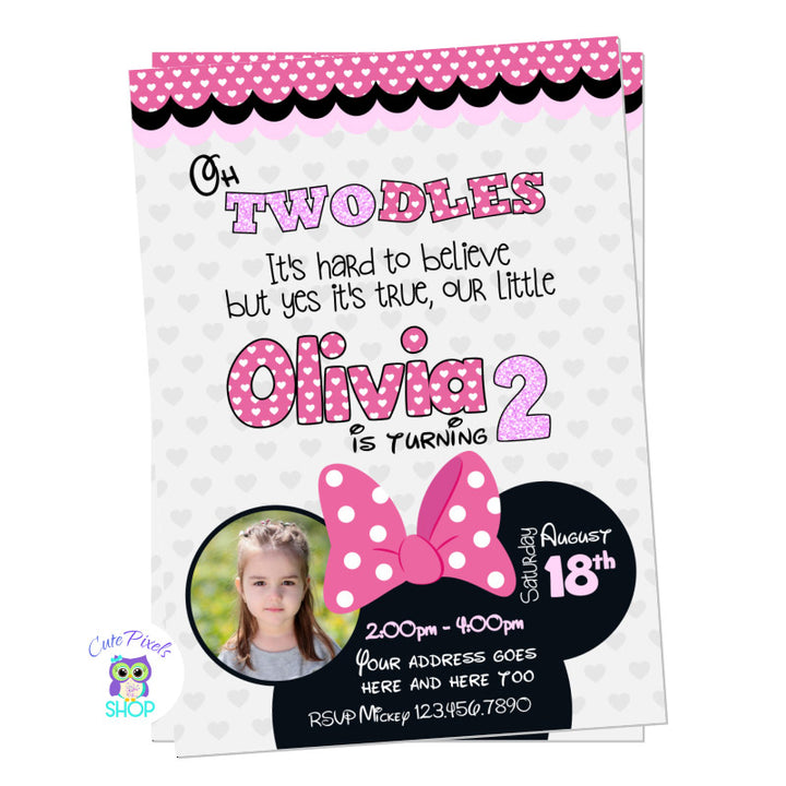 Minnie Invitation in grey background with Minnie pink head bow perfect for a second birthday. Includes child's photo