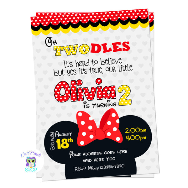 Minnie Invitation in grey background with Minnie head bow perfect for a second birthday