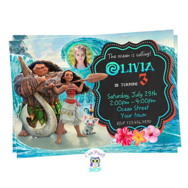 Moana invitation with waves background, Maui, Hei Hei. Perfect for a Moana Birthday Party