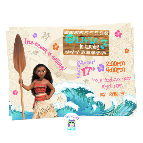 Moana Invitation with Maui and Polynesian graphics, waves and flowers. Perfect for a Moana Birthday Party