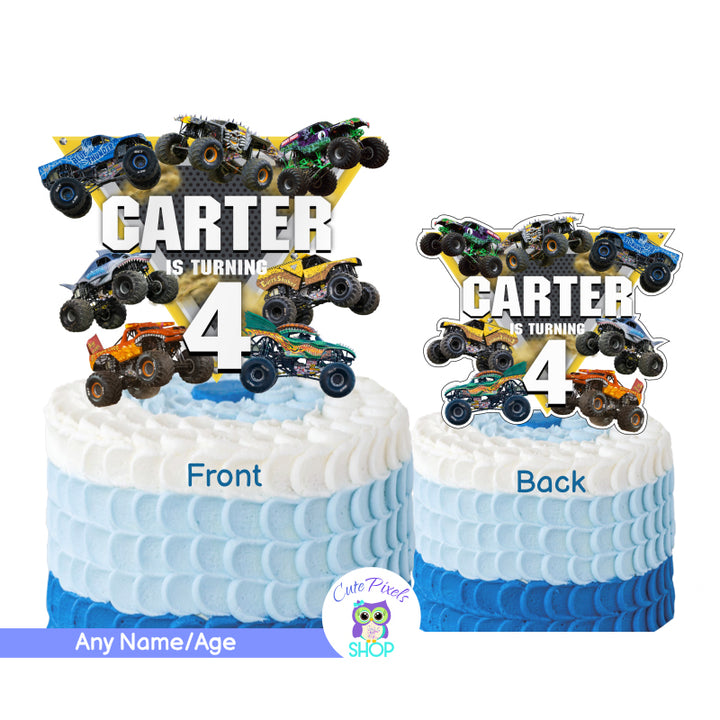 Monster Jam Cake Topper with multiple Monster trucks on it. Child's Name and age.