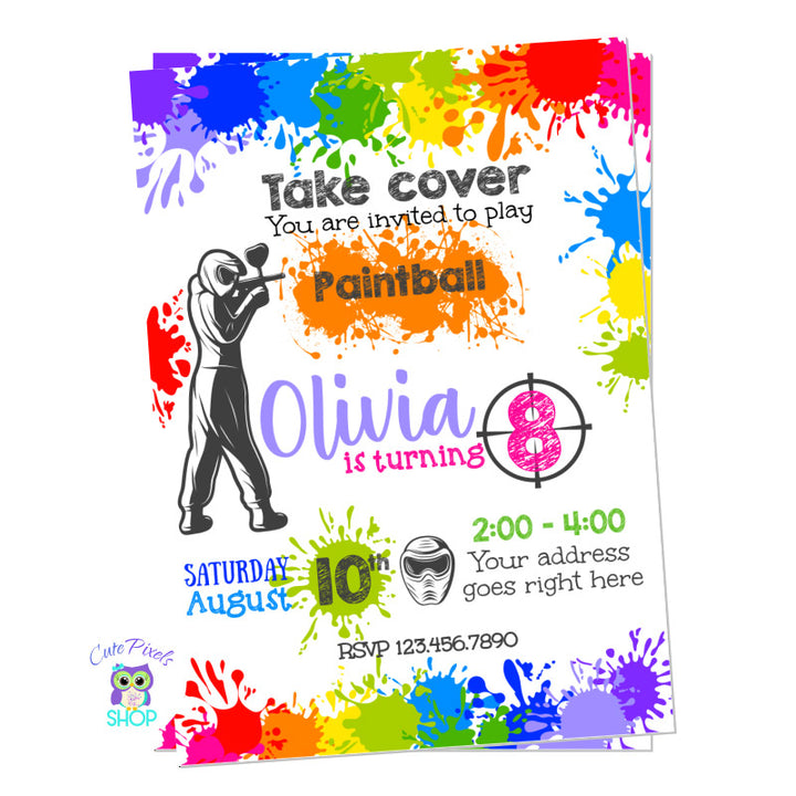 Paintball invitation with lots of colorful splashes from paintball shots. Girl design
