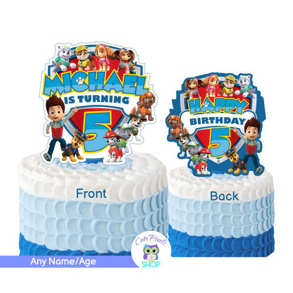 Paw Patrol Cake topper including Ryder, Chase, Marshall, Rubble, Rocky, Skye and pups from the Paw Patrol series. Can be used as centerpiece too.