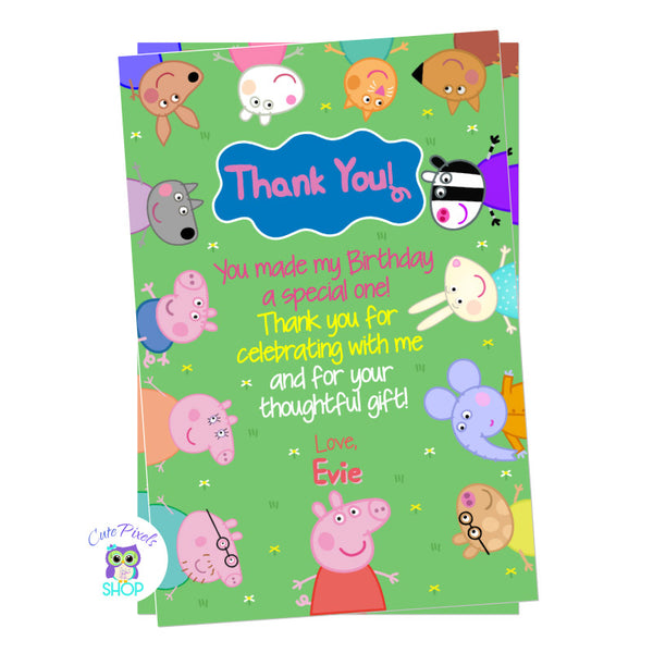 Peppa Pig thank you card for a birthday with Peppa Pig, Pig Family and friends around in a green background