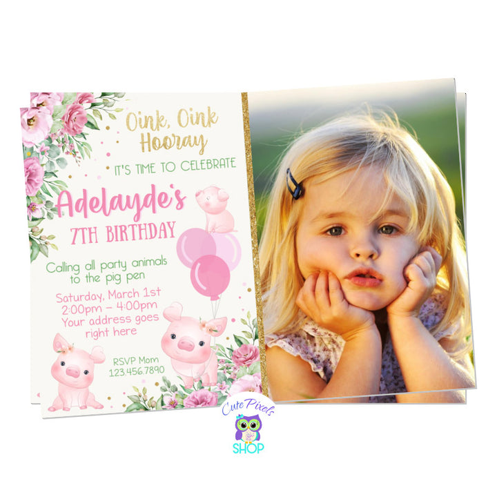 Pig Birthday invitation with cute pigs and flowers in pink, green and gold colors. Perfect for a cute Pig Birthday Party. Includes child's photo