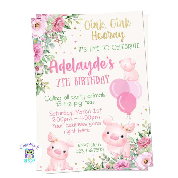 Pig Birthday invitation with cute pigs and flowers in pink, green and gold colors. Perfect for a cute Pig Birthday Party.