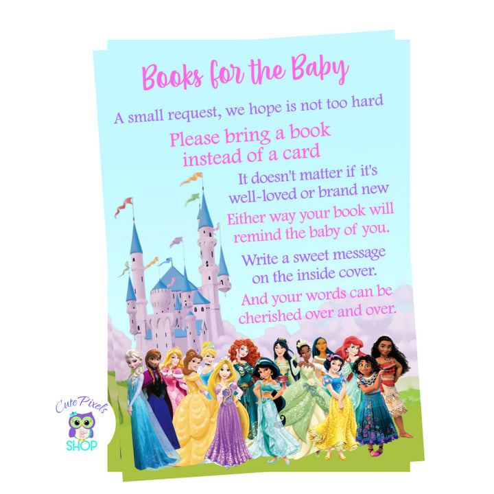 Disney Princess Baby Shower Book instead of a card with the Disney castle and lots of Disney Princess on it, perfect to welcome a baby girl.