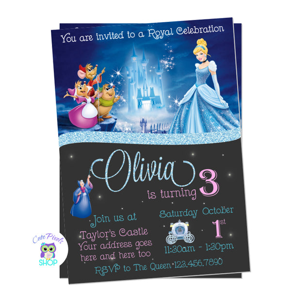 Cinderella invitation with the Disney Castle, cinderella and the mice on it. Perfect for a Disney princess birthday