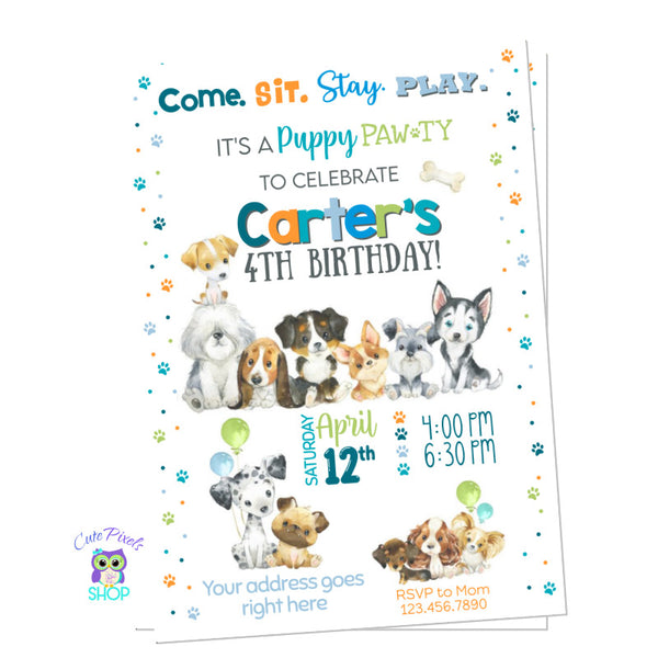 Dog invitation for girl, full of cute dogs and paws. Perfect for a puppy birthday party. 