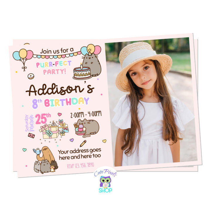 Pusheen birthday invitation with Balloons, and a birthday banner. Pusheen with cake, ice cream and gifts. Perfect for a Pusheen Birthday party. Design in pink includes child's photo.