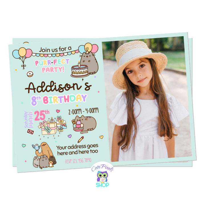 Pusheen birthday invitation with Balloons, and a birthday banner. Pusheen with cake, ice cream and gifts. Perfect for a Pusheen Birthday party. Design in teal includes child's photo