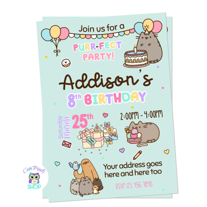 Pusheen birthday invitation with Balloons, and a birthday banner. Pusheen with cake, ice cream and gifts. Perfect for a Pusheen Birthday party. Design in teal