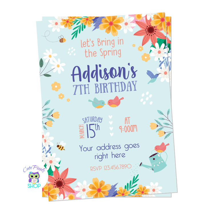 Spring birthday invitation with cute flowers, birds and bees. Teal background