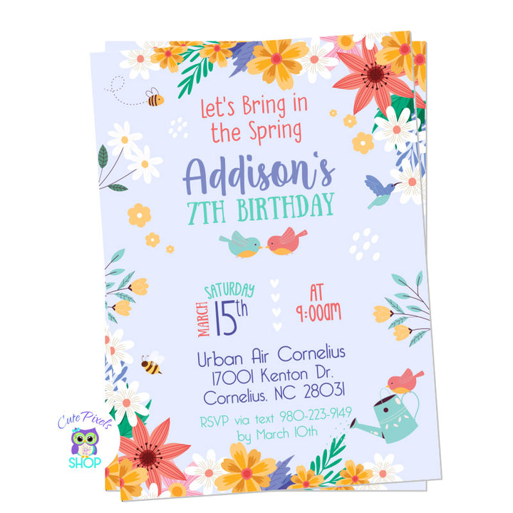 Spring birthday invitation with cute flowers, birds and bees. Purple background