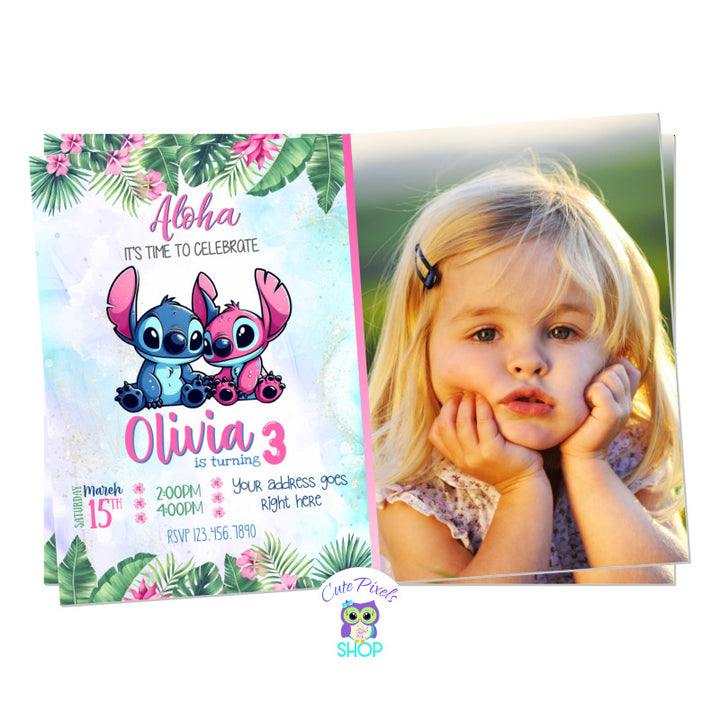 Stitch and Angel invitation in a cute watercolor background and Hawaiian flowers with Stitch and Angel. Includes child's photo