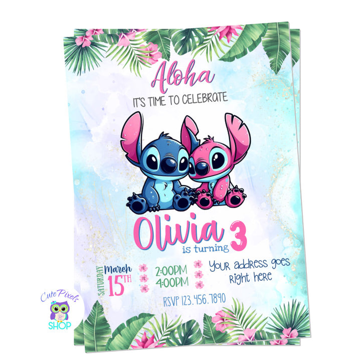 Stitch and Angel invitation in a cute watercolor background and Hawaiian flowers with Stitch and Angel