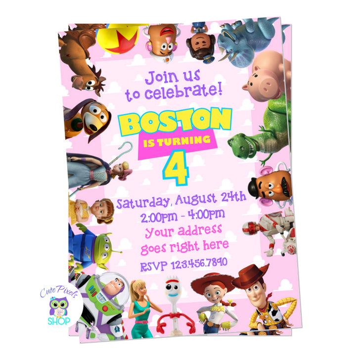 Toy Story invitation with lots of Toy Story characters in pink and purple color for a Toy Story girl birthday party