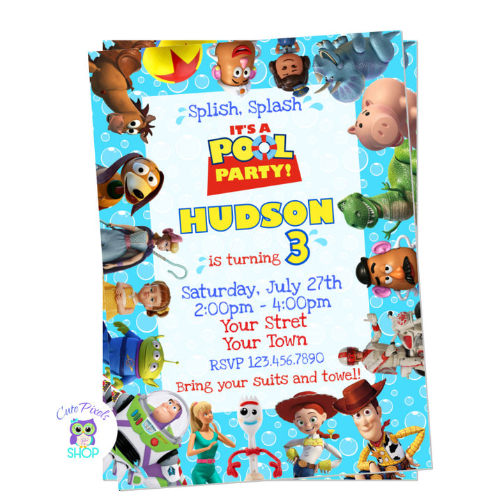 Toy Story Invitation for a Pool party with all Toy Story Characters on it and a bubbles background. Perfect for a Summer Birthday party