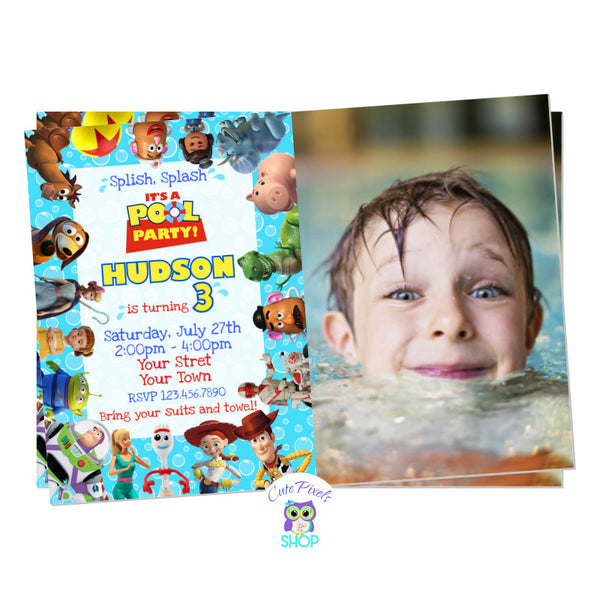 Toy Story Invitation for a Pool party with all Toy Story Characters on it and a bubbles background. Perfect for a Summer Birthday party. Includes child's photo