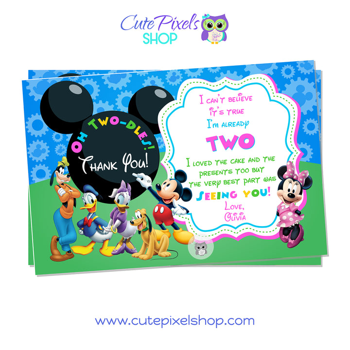 Twodles Thank you card for a Mickey Mouse clubhouse birthday. Pink design