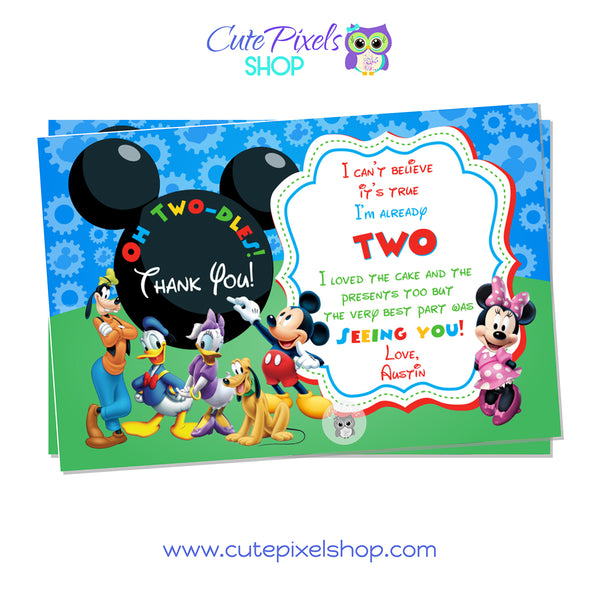 Twodles Thank you card for a Mickey Mouse clubhouse birthday. Red design