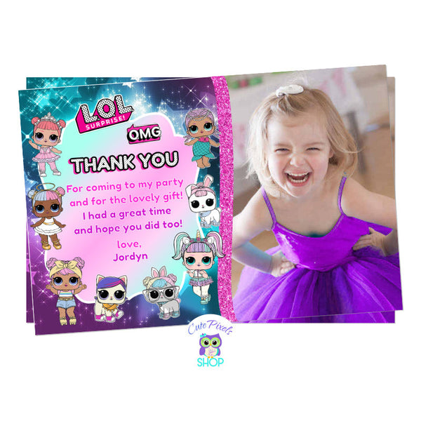 LOL Surprise thank you card with many LOL Surprise dolls and child's photo for a LOL Surprise Birthday