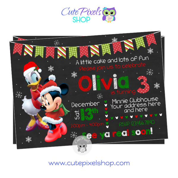 Minnie Mouse and Daisy Duck Christmas Birthday Invitation. Christmas party invitation with Minnie and Daisy in a chalkboard background with snowflakes, a Christmas bunting banner and text in red, green and white, perfect for a christmas celebration with Minnie and Daisy.