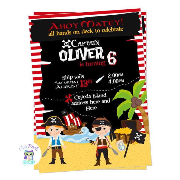 Pirate Invitation for a Pirate Birtdhay Party, has a red stripes background with the beach, and a pirate ship, a treasure and pirate flag. Two cute pirates